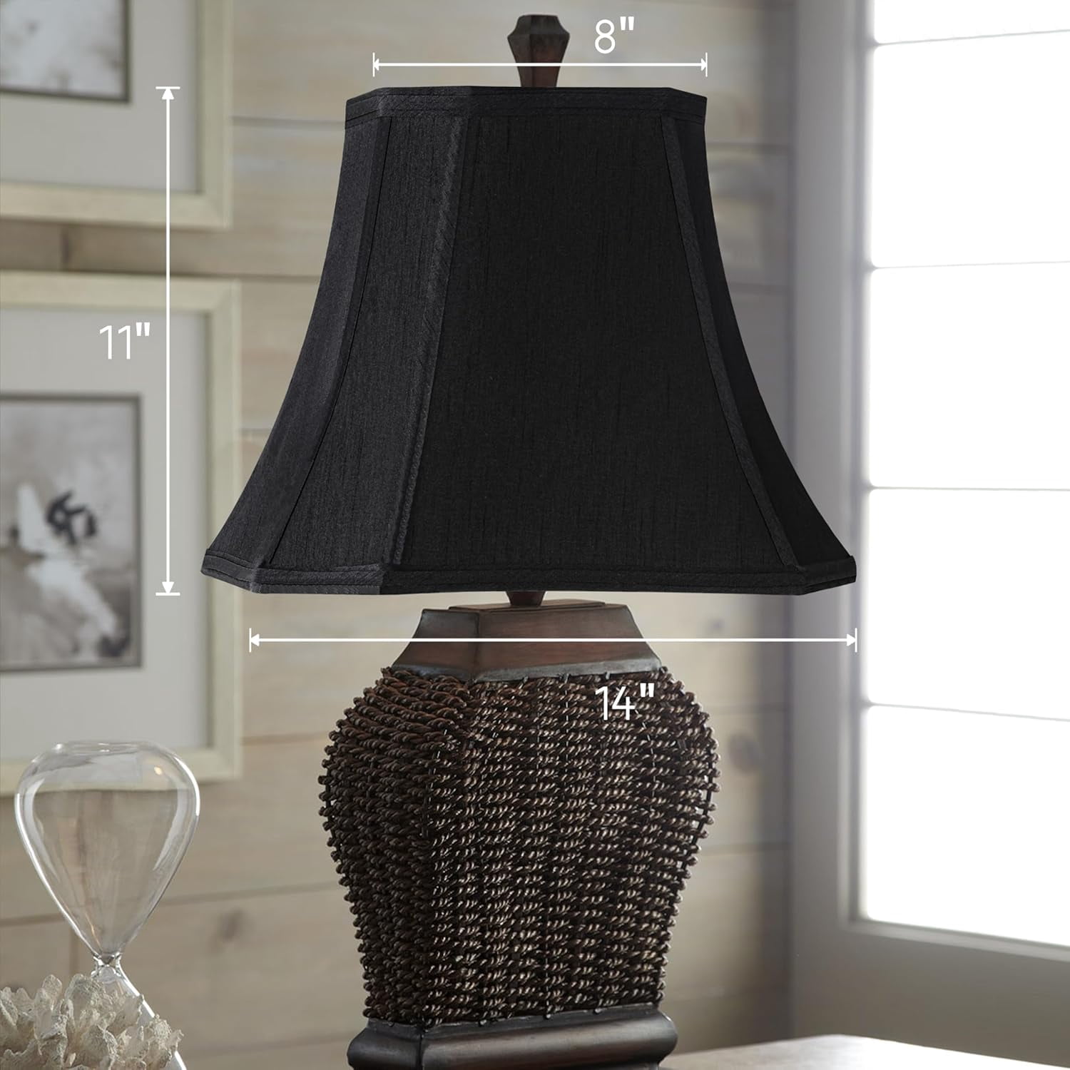 Set of 2 Medium Black Rectangular Lamp Shade for Floor Lamps and Table Lamp,8x14x11"(Spider) Natural Faux Silk Square Lampshade Replacement,Vintage Shade Cut Corner Transitional Easy Assembly
