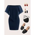 thumbnail image 2 of Navy Blue Plus Size Off-Shoulder Fitted Mini Dress With Sheer Flounce Overlay, 2 of 7