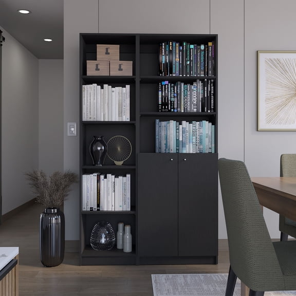 Cterwk Wood Bookcase Bookshelf with 2 Door Cabinet, 8 Shelves Book Storage Rack for Living Room, Office, Black