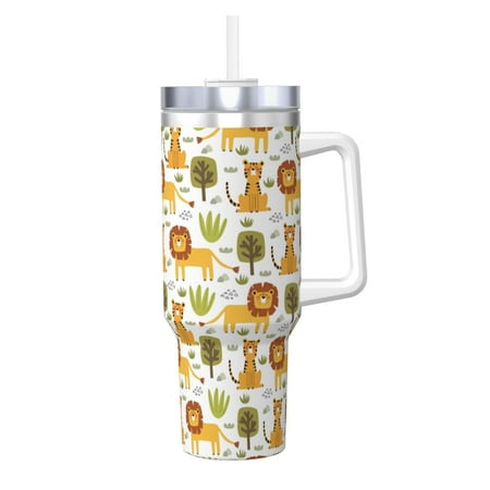 

Easygdp Tiger Lion Insulated Stainless Steel Hot/Cold Coffee Cup Travel Mug Cup 40oz Ice Bully With Handle
