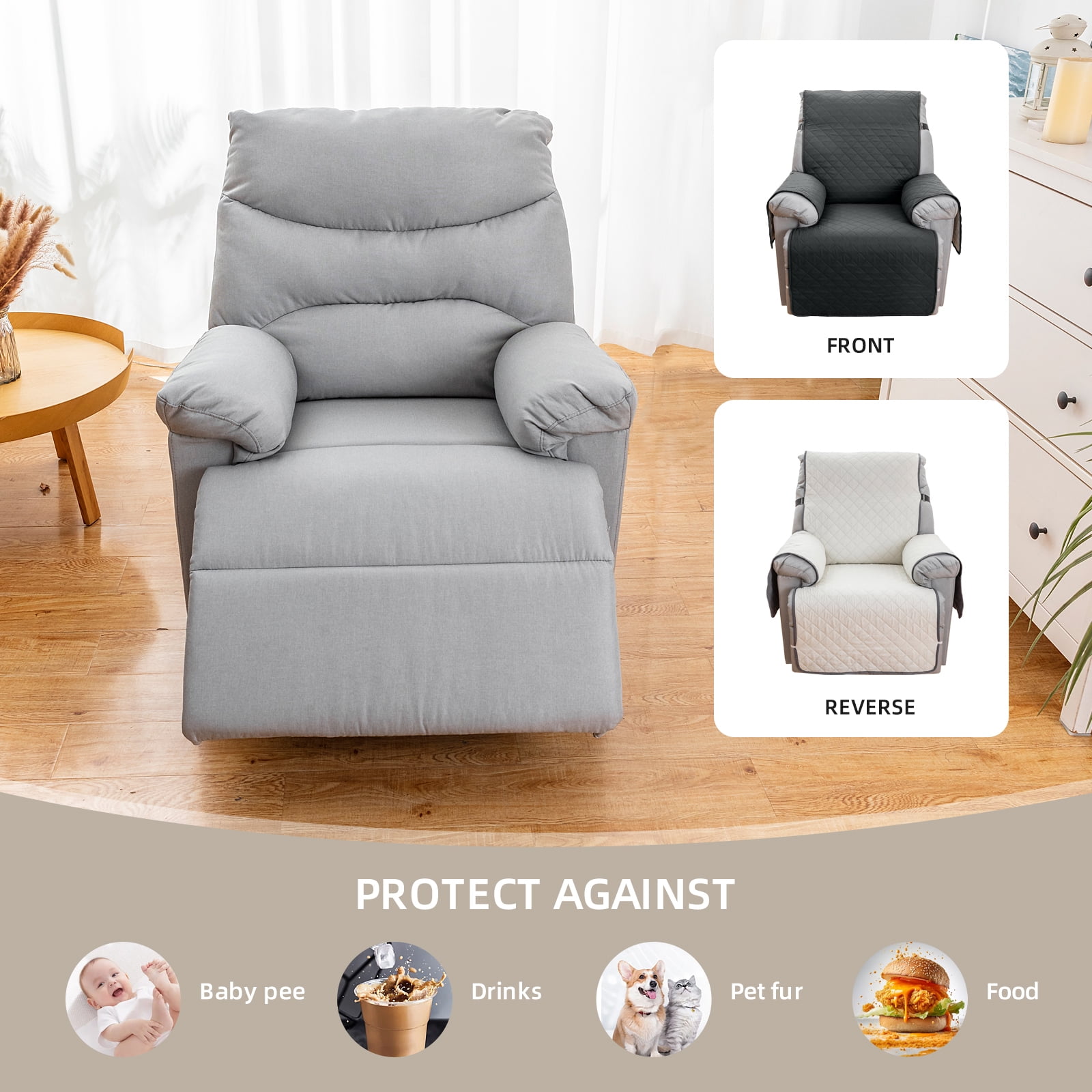 Sanmadrola Recliner Chair Cover, Recliner Cover Non-Slip Dog Chair Cover with Pocket and Elastic Straps, Reclining Couch Covers for Pets, Dogs (28 inch" Black Gray)