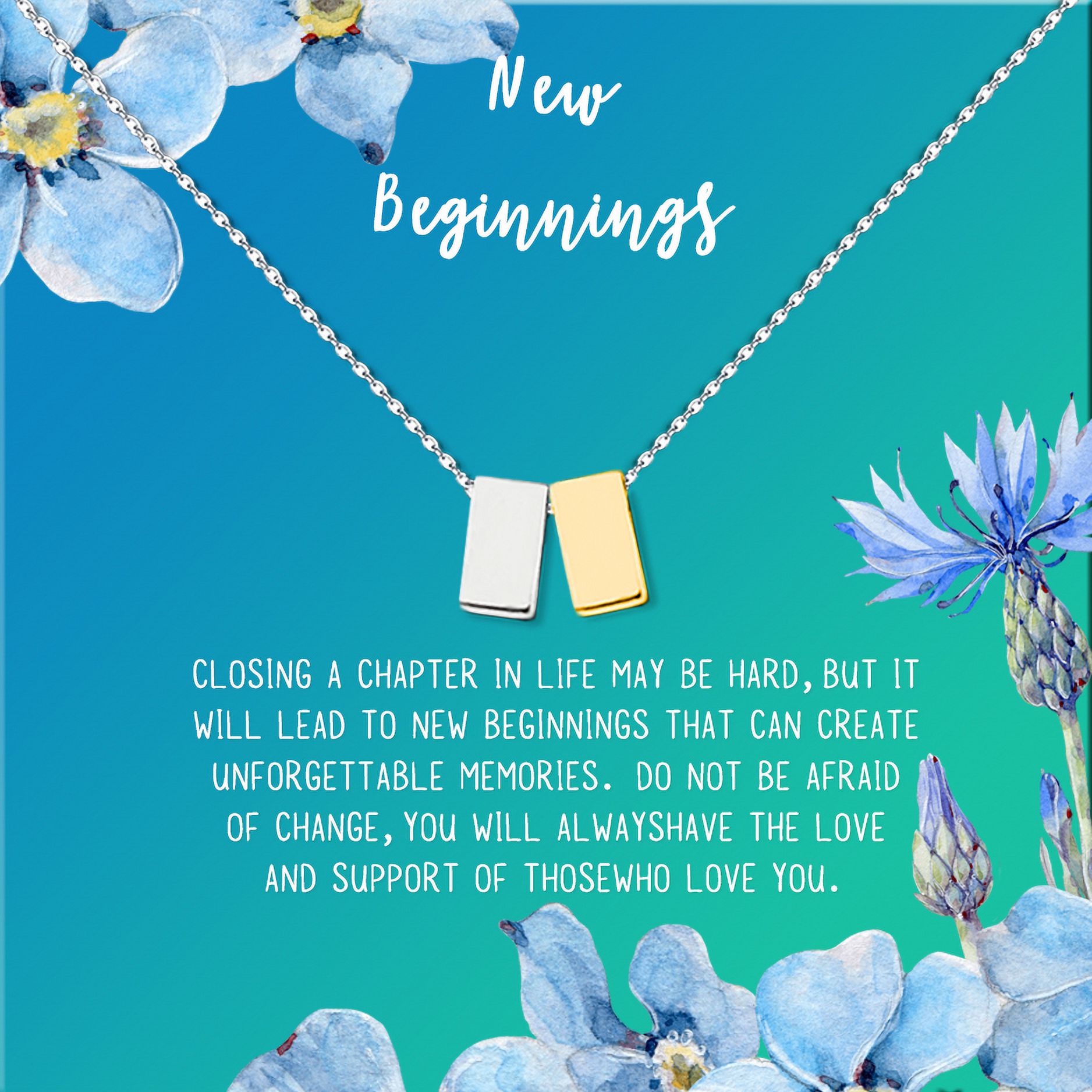 Anavia New Beginnings Gift Card for Her, New Job Gift, New Relationship Gift Card, Cheer up Gift Necklace, Encouragement Gift for Daughter-[Silver and Gold Double Cube, Bright Blue Gift Card]