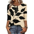 thumbnail image 2 of Women's Graphic Printed T-shirts 3/4 Length Sleeve Tees Crew Neck Spring Fall Summer Tops with Buttons (XL, Beige), 2 of 7