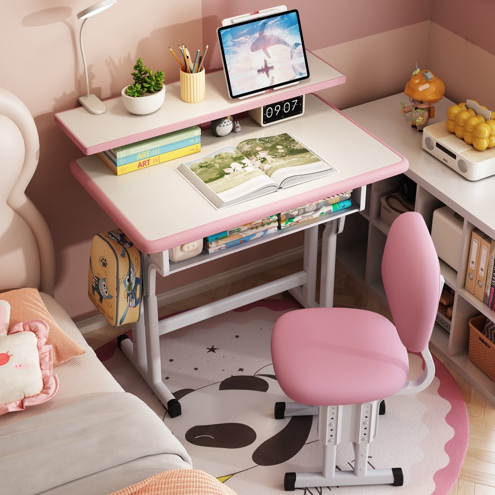 Kids Study Desk and Chair Set, LVYUAN Children School Drawing Desk Chair Set Height Adjustable Ergonomic Table and Chair Set with LED Lamp, Book Stand, Storage Drawer, Hook Pink