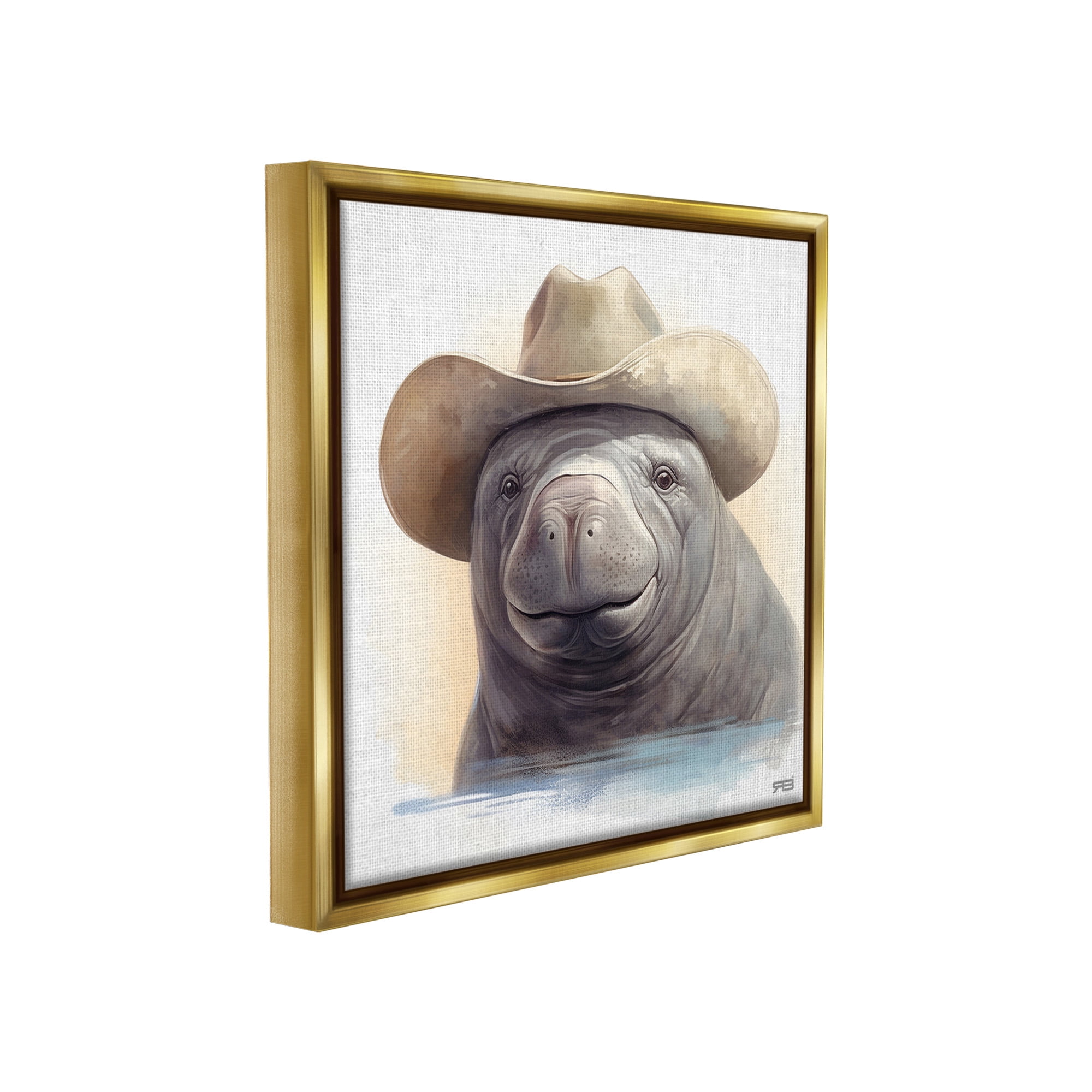 Stupell Industries Manatee with Southern Hat Animals & Insects Painting Gold Floater Framed Canvas Art Print Wall Art, 25 x 25
