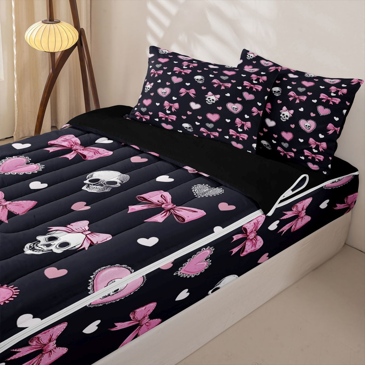 Homewish Bowknot Skull Heart Zipper Full Size Comforter Sets with Fitted Sheet and 2 Pillowcases for Girls Cute Ribbon Zipper Bedding Set Black Reversible 4-Piece