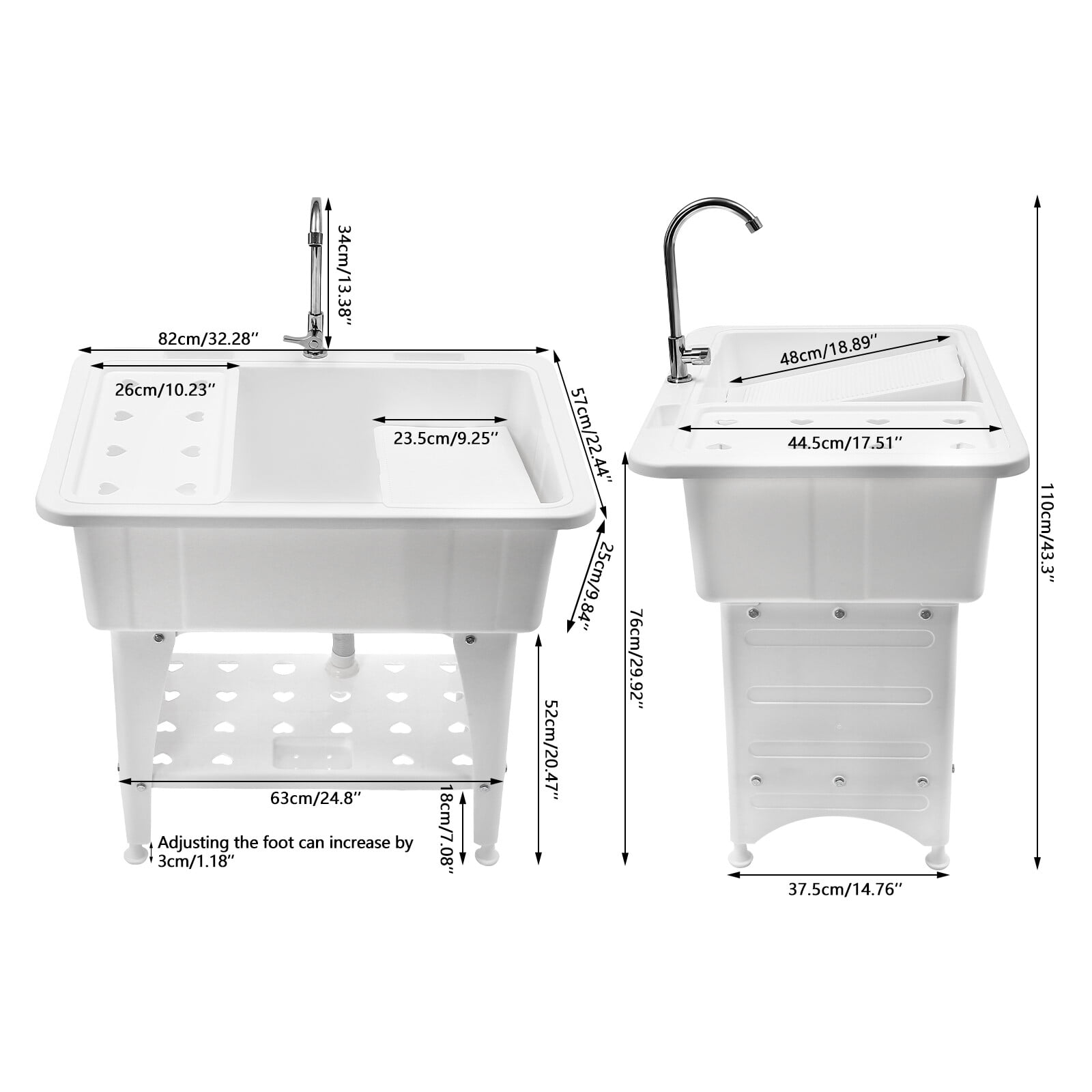 White Rectangular Utility Sink Laundry Tub Freestanding Sink Wash Station with 360° Adjustable Faucet Maximum Bearing Capacity 220.46 lbs for Garages, Basements, Kitchens