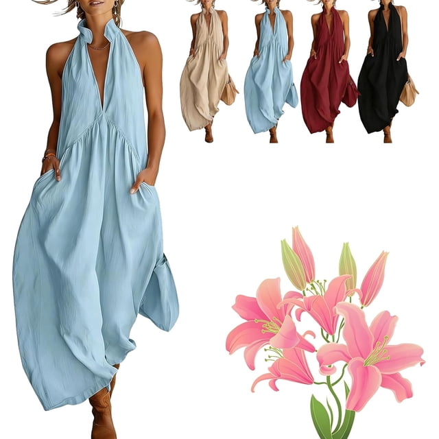 Robe Maxi Minimaliste à Col Licou - Robe d'Été Décontractée à Coupe Ample avec Poches, Chic Sans Manches Longue Robe de Plage