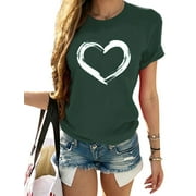 Women's Basic V Neck Short Sleeve T Shirts Summer Love Heart Print Casual Loose Tops Blouse Plus Size S-3XL