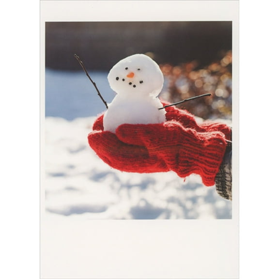 Palm Press Tiny Snowman Being Held in Red Mitten Covered Hands Box of 10 Christmas Cards