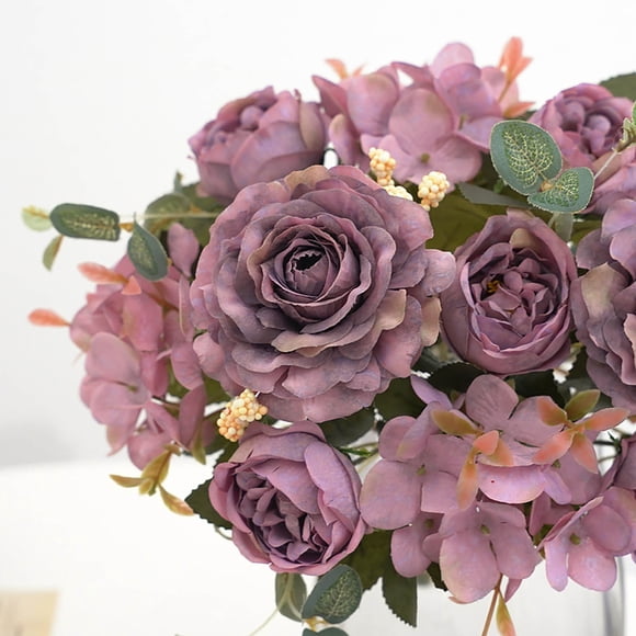 Embroidered Peonies Artificial Flowers 6 Bouquets, Realistic Outdoor Indoor Hanging Decor, Hydrangea Rose Bouquet for Garden Wedding Party Home