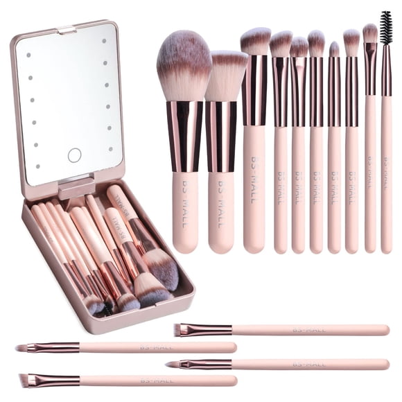Set de brochas de maquillaje BS-MALL Travel con espejo LED, 14 unidades APINK