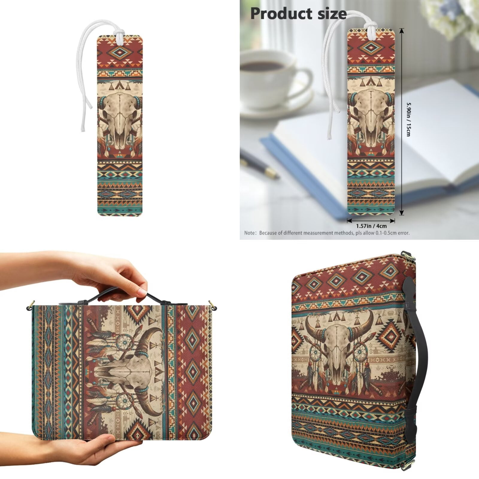 Kuiaobaty Aztec Skull Print Bible Case with Leather Bookmark Dream Catcher Print Bible Cover Case with Handle Zippered Carrying Book Bag Set for Women Men Church, Brown