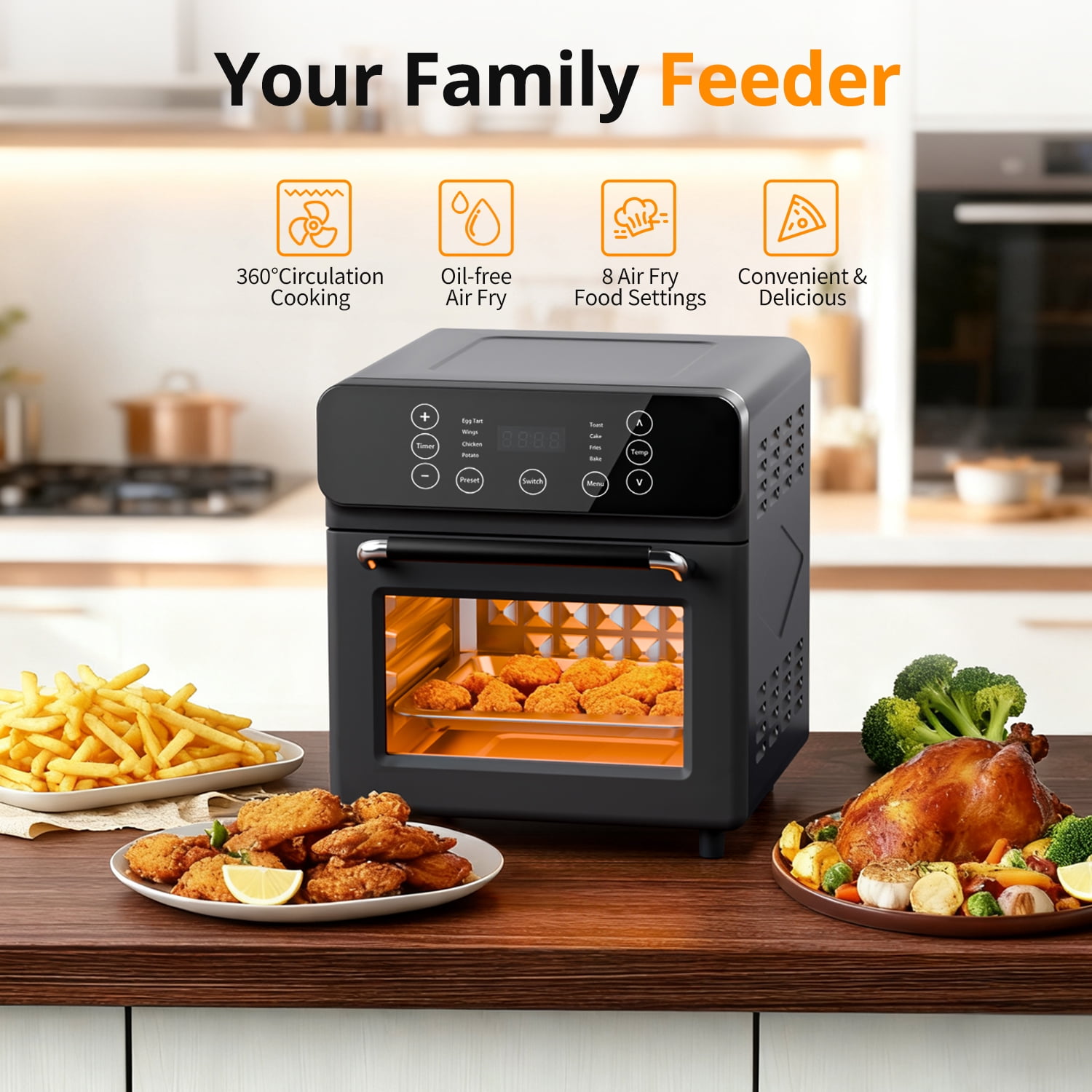 TINANA 10 QT Air Fryer Oven, 8 Preset Functions, LED Smart Touch Display, Oil-Less Cooking, Visible Window, Black