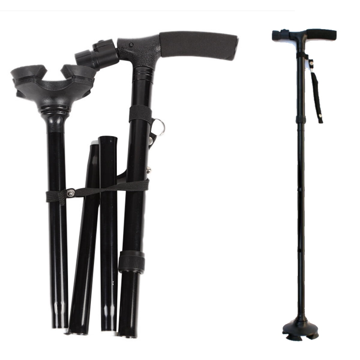 2 Pack Folding Walking Cane with 6 LED Lights, 5-Level Adjustable Height, 360° Anti-Slip Pivoting Base, Lightweight Aluminum T-Handle Walking Stick for Elderly