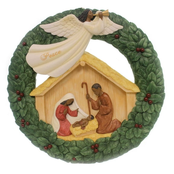 Black Art Nativity Wreath Plaque Polyresin Religious Mary Joseph Jesus 19003