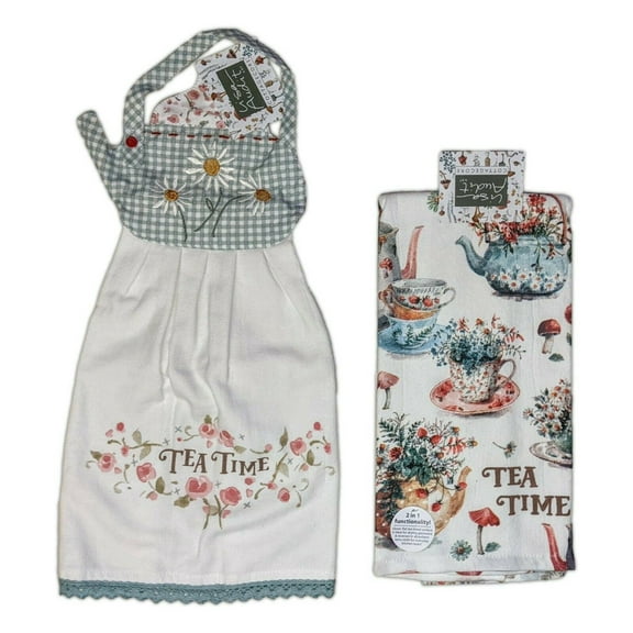 Set of 2 CottageCore TEA TIME Terry Kitchen Towel & Tie Towel by Kay Dee Designs