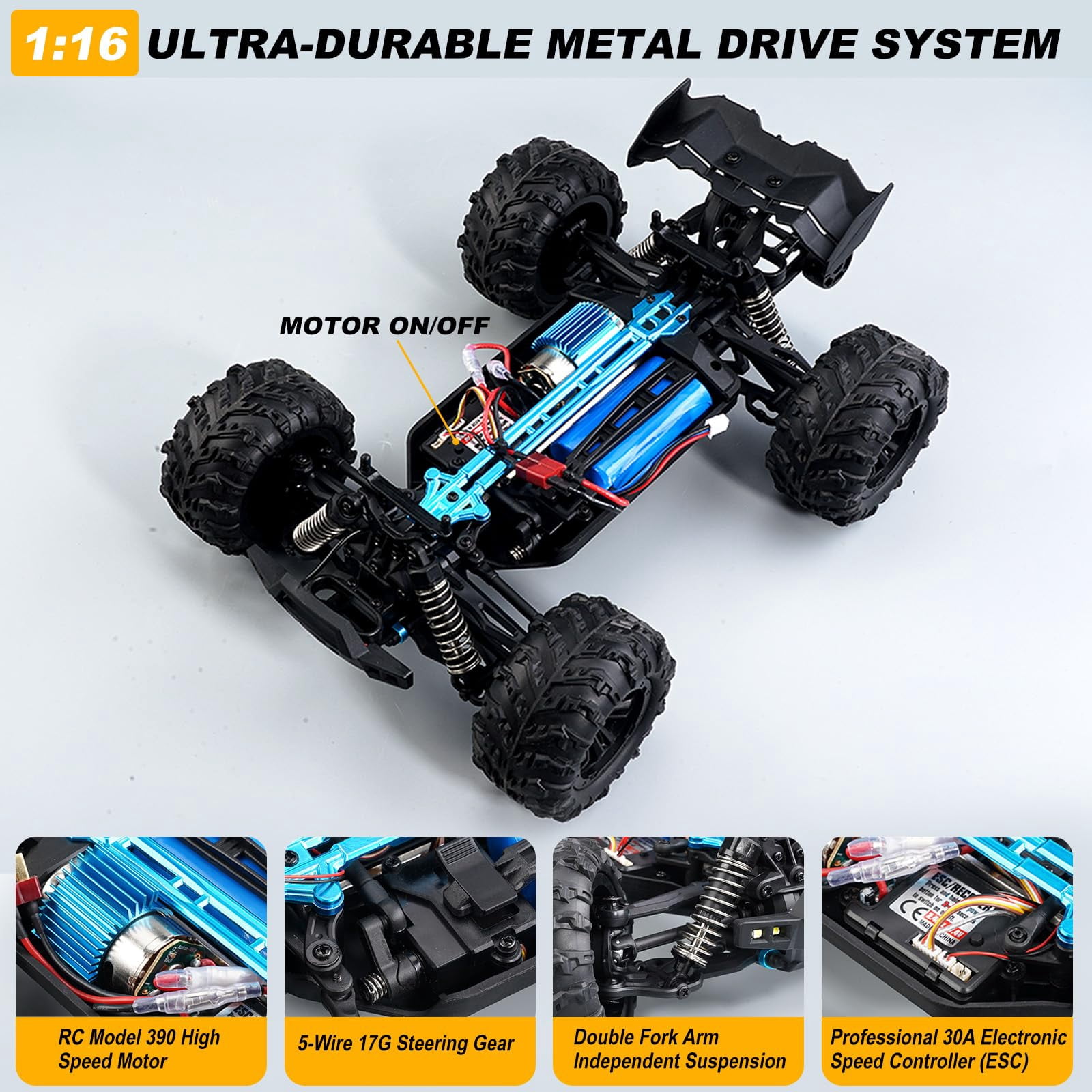 1:16 Scale All-Terrain RC Car for Adults, 38+KM/H High Speed 4WD Off-Road Remote Control Truck with 2 Rechargeable Batteries and Interchangeable car shells