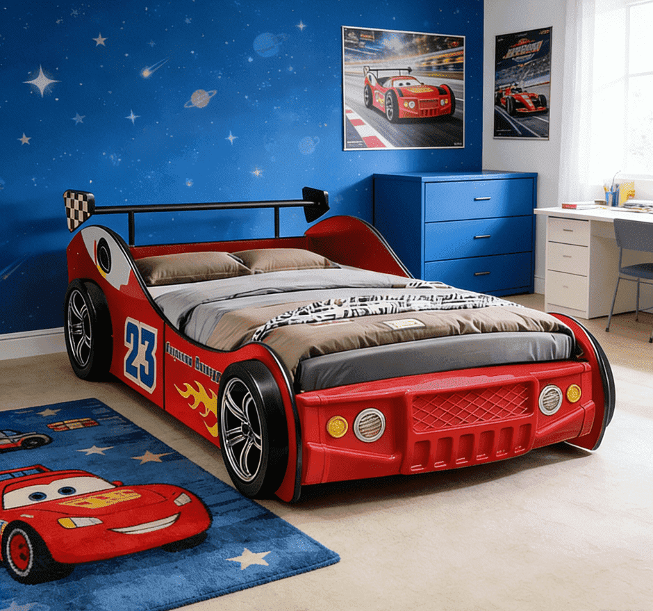 HICOMILA Twin Size Race Car Bed for Boys -Supreme Energy Red Race Car Bed Frame, Spider Man Beds, Car Bed with LED Lights & Guardrails, Reading＆Fun Space, Easy Assembly, Red