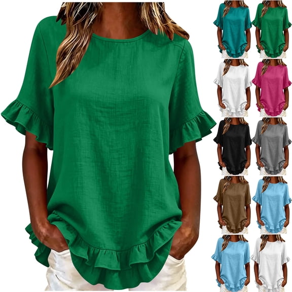 VBVC Women's Cotton Blend Ruffle Trim Blouse, Ladies' Lightweight Short Sleeve Top, Casual Crew Neck Shirt For Women,Black,S-2XL