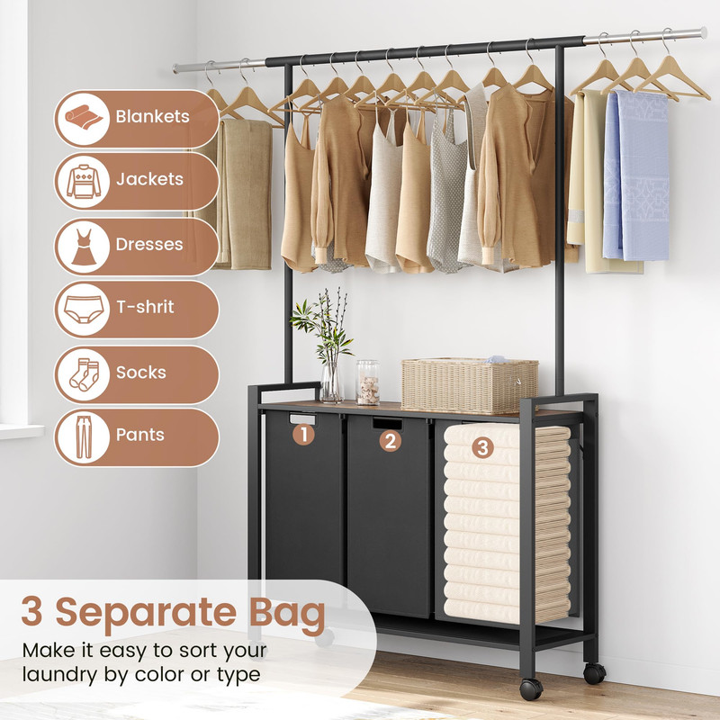 Towallmark Large 3 Section Laundry Hamper, Rolling Hanging Clothes Rack With Removable Sorting Bags, Wheeled Organizer For Laundry Room Bathroom Bedroom, Black