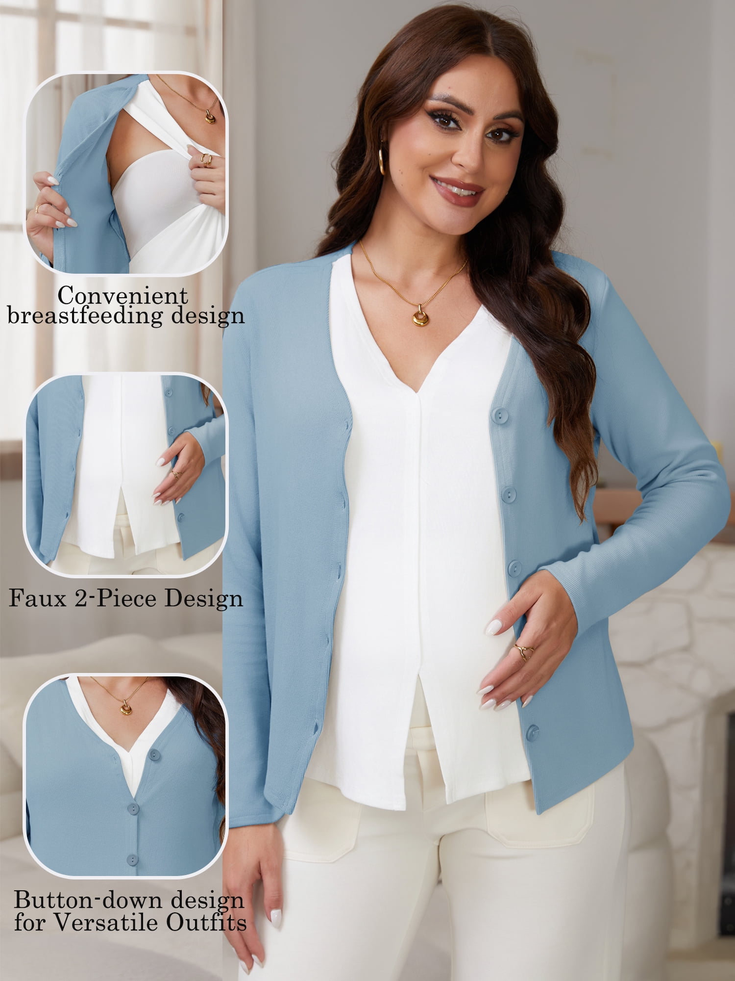 DARING DIVA Women's Nursing Maternity Faux Knit Postpartum Shirt 2-Piece XL Blue