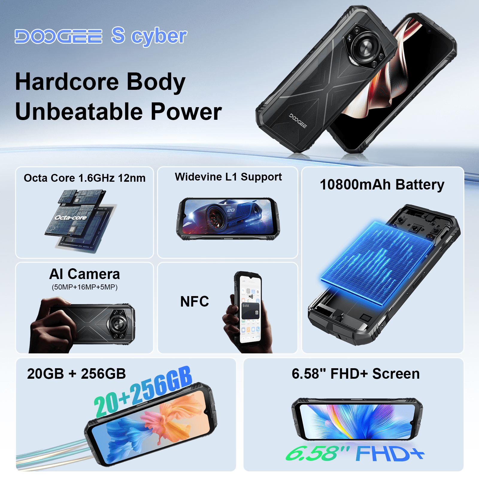 DOOGEE S Cyber Rugged Smartphone Android 14, 10800mAh Battery Rugged Phone, 20GB RAM + 256 ROM, 6.58" FHD+IPS Waterdrop Screen, 50MP AI Camera/Dual SIM Unlocked/Octa Core/OTG/GPS, Silver