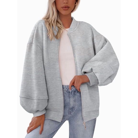 Women'S Fall Fashion Oversized Sweatshirt Jackets with Zipper Casual Long Sleeve Outerwear Winter Outfits Light Grey XXL
