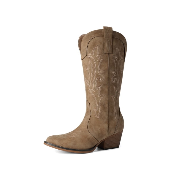 DREAM PAIRS Women's Western Cowboy Cowgirl Boots Square Toe Embroidery Mid Calf Booties