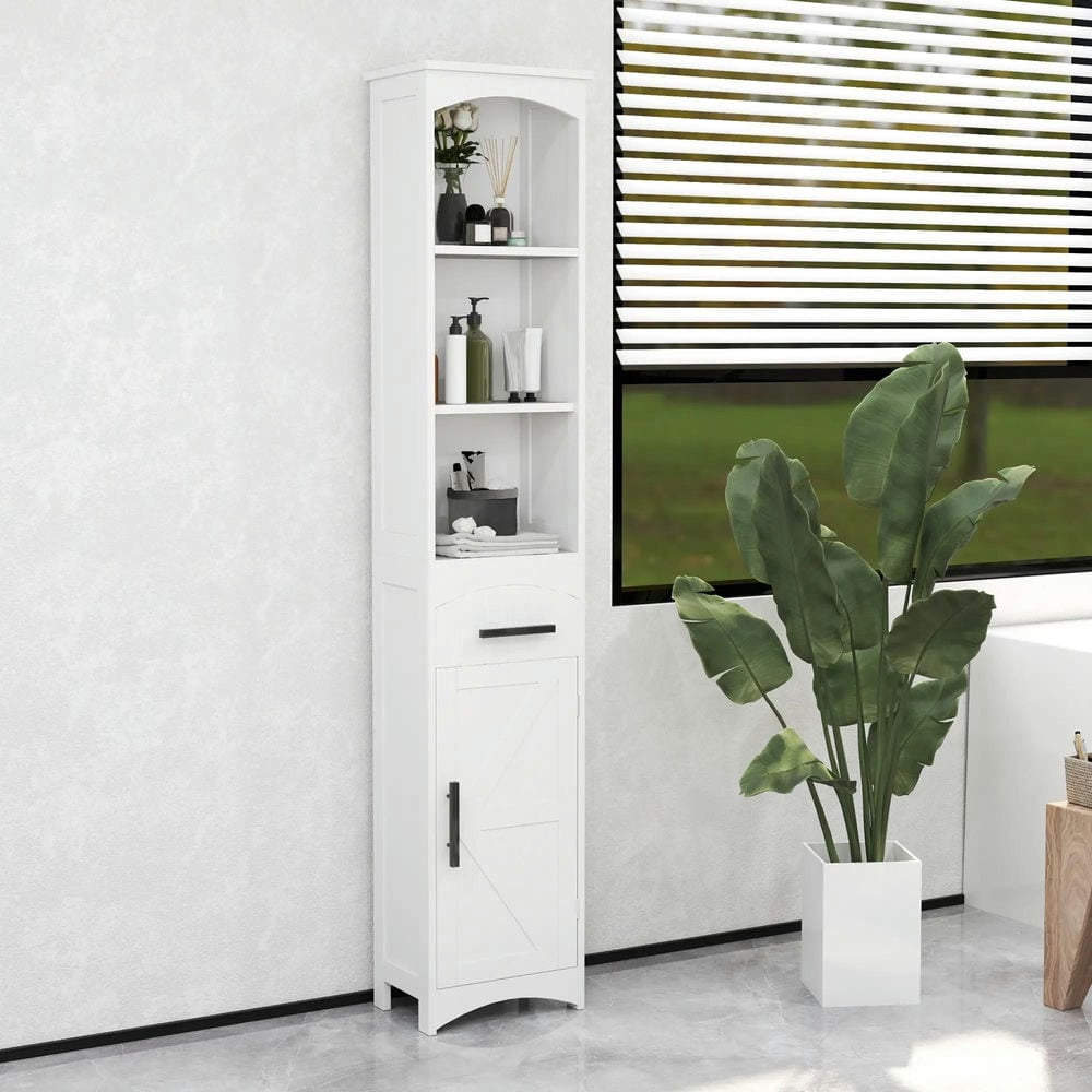 GVN Bathroom Storage Cabinet, Bathroom Floor Cabinet, Bathroom Storage Cabinet with Recessed Drawer and Barn Door, White