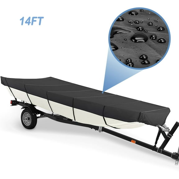 14FT Waterproof Boat Cover, Trailerable Cover Heavy Duty Bass Boat Covers, All-Weather Mooring Cover Outdoor Protection Replacement for Jon Boat, Black
