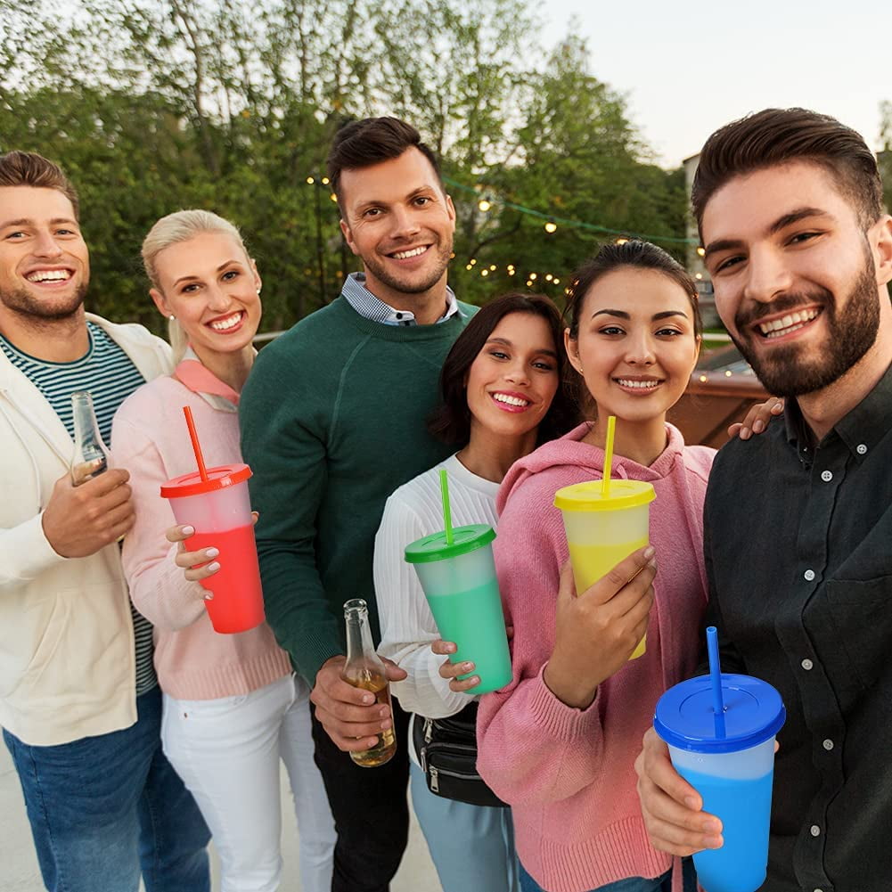 Triani Reusable Plastic Tumblers with Lids & Straws - 9 Pcs 24oz Large Color Changing Cups for Adults Kids Women Party | Tall Iced Cold Straw Drinking Cute Tumbler Cup Bulk