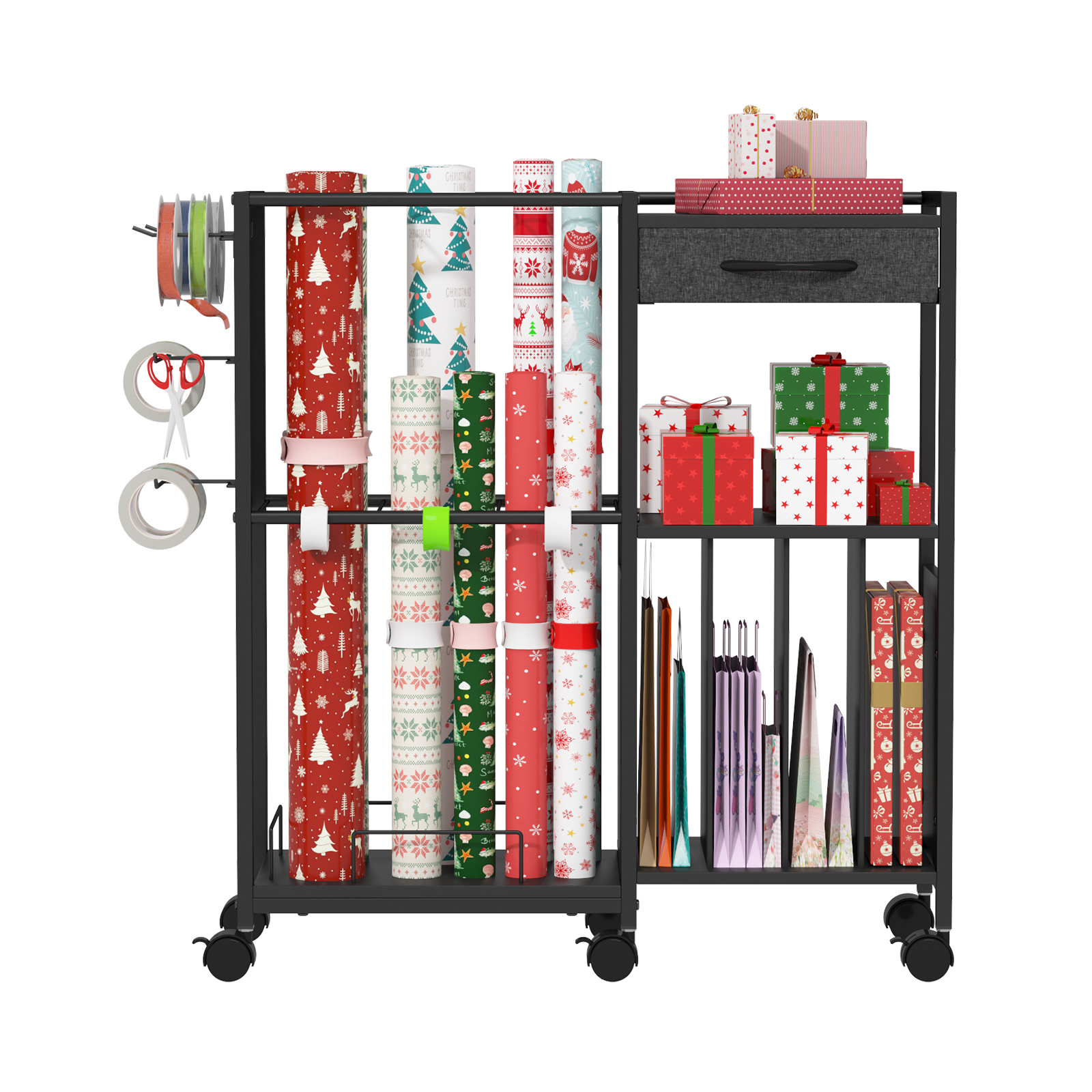 Advwin Gift Wrapping Paper Storage Cart with Drawer, Rolling Gift Wrap Station with Ribbon & Gift Bage Storage, Multi-purpose Craft Organizer Rack for Home, Office, School or Gift Shop, Black