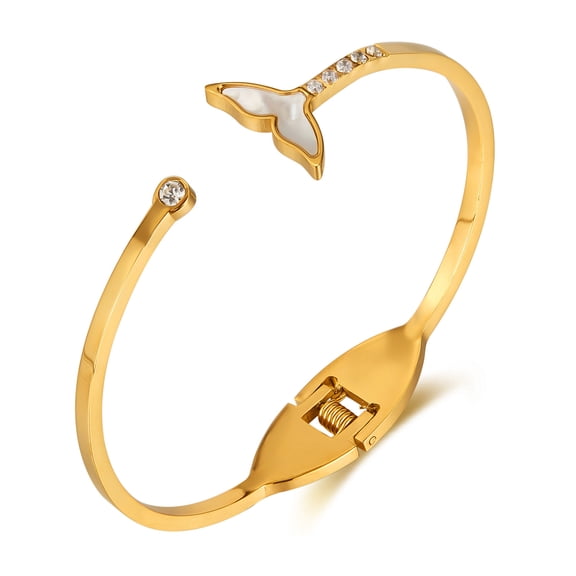 SKQIT Mermaid Tail Bangle Bracelets For Women, Abalone Shell Stainless Steel Open Cuff Bracelet, Inlaid Cubic Zirconia Bracelet, Birthday Jewelry Gifts For Women