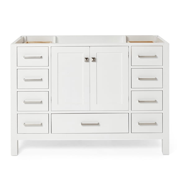 DKB Beckford 48-Inch White Bathroom Vanity Base Cabinet, Center Sink, Solid Wood Frame, 2 Soft Closing Doors, 9 Full Extension Dovetail Drawers, Brushed Nickel Hardware