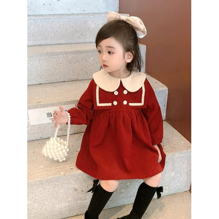 

MarinaVida Toddler Baby Girls Christmas Dresses Long Sleeve Red Doll Collar Princess Dress Xmas Outfits
