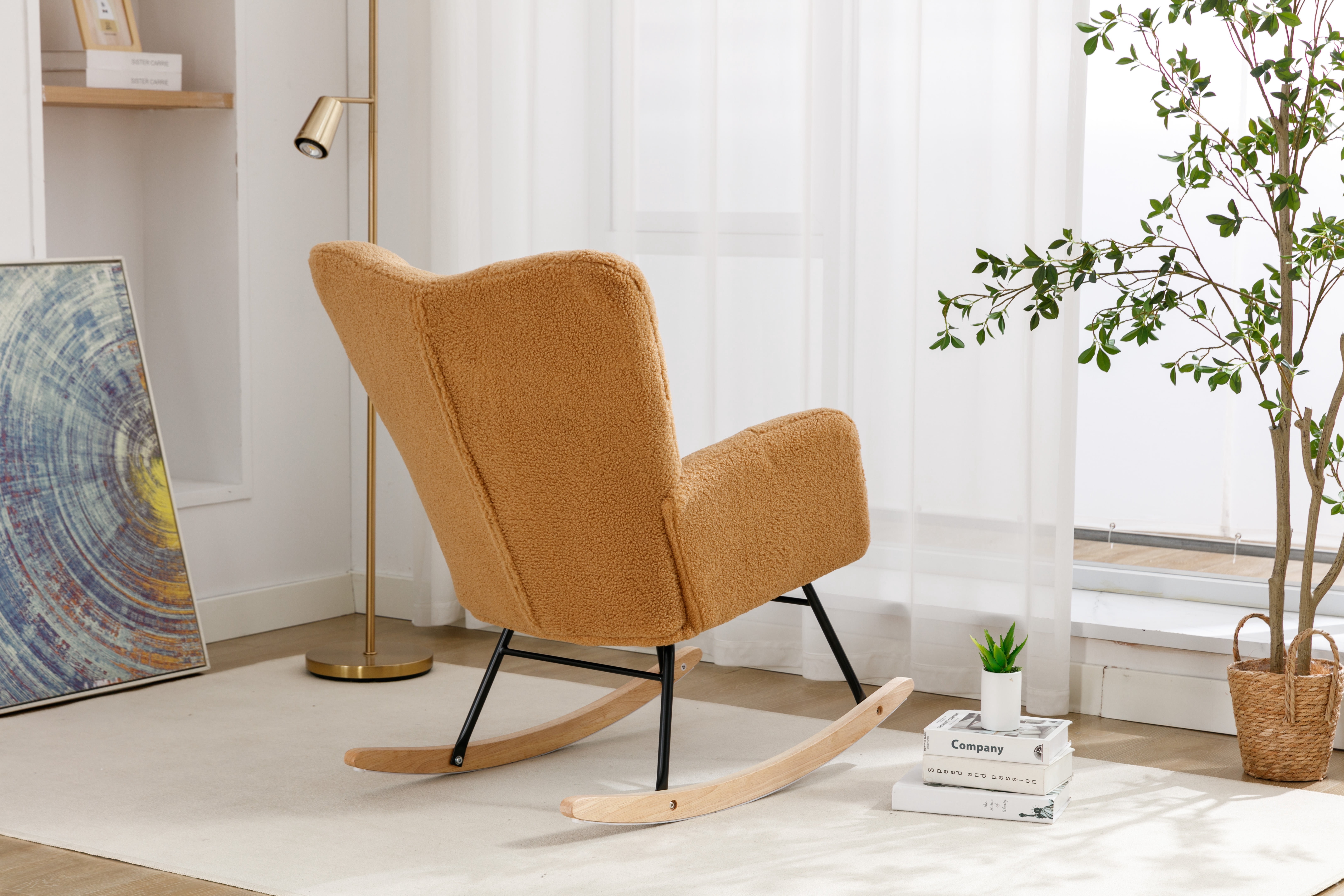 FFZ Teddy Fabric Rocking Glider Nursery Chair For Living Room Indoor Khaki