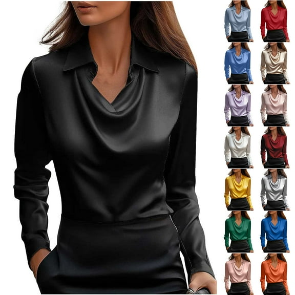 Otntypg Elegant Business Work Shirts for Women Dressy Casual Long Sleeve Cowl Neck Stain Silk Blouses Fashion Office Collared T-Shirts 2025 Outfit Clothes Pink M