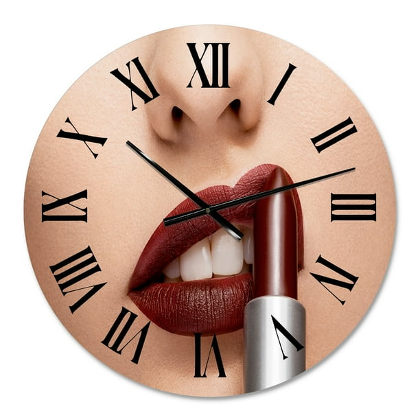 DESIGN ART Designart 'Woman Applying Red Lipstick On Lips' Modern wall clock 16 In. Wide x 16 In