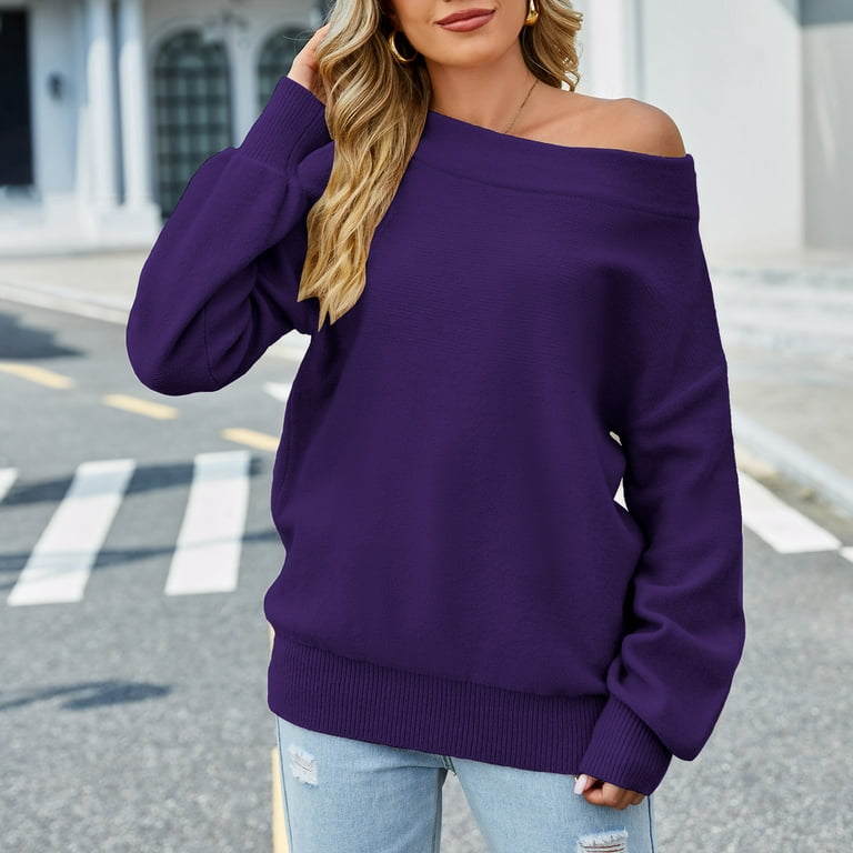 Posijego Womens Sweater Crewneck Off Shoulder Long Sleeved Knit Pullover  Sweater Tops for Fall Winter
