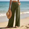 thumbnail image 5 of CBASIHI Womens Cotton Wide Leg Pants with Pockets- Drawstring Elastic Waist Vacation Beach Casual Elegant Summer Flowy Palazzo Pants Army Green Size M, 5 of 8