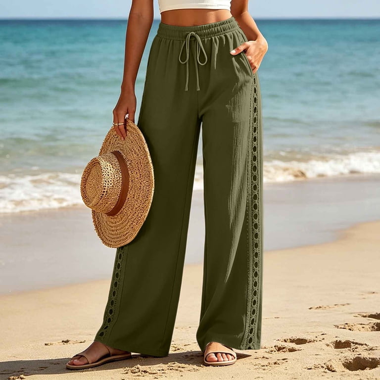 Women Wide Leg High Waisted Pants Crochet Panel Pull On Elastic