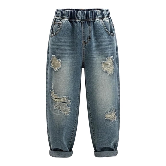 Boy's Baggy Jeans Ripped Elastic Waist Pull on Denim Pants Classic Straight Wide Leg Jeans for Kids Distressed Jogger Pants