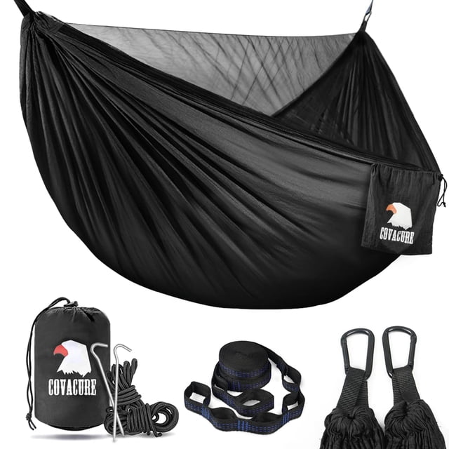 Hamaca de camping Covacure – Hamaca doble ligera, soporta hasta 772 libras, hamacas portátiles para interior, exterior, senderismo, camping, mochilero, viajes, patio trasero, playa (negro)