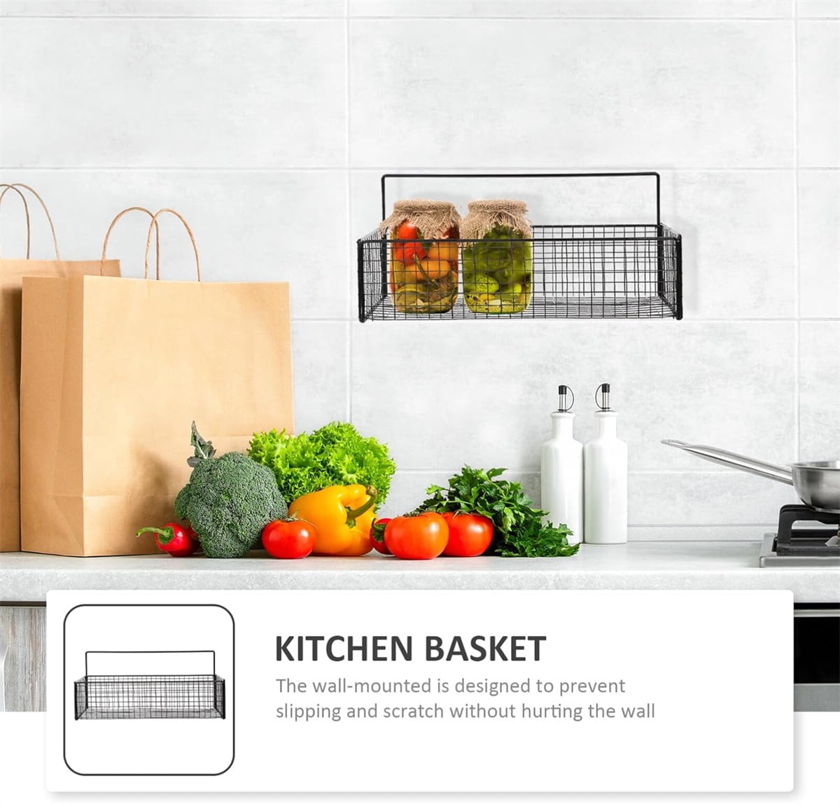Metal Wire Basket Wall Mount, GIXUSIL Bathroom Storage Basket, 1Pcs Adhesive Fruit Kitchens Hanging Living, Room Wire Baskets, Food Storage Bin for Kitchen (14" x 6" x 4 ", Black)