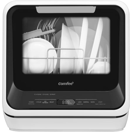 Portable Mini Dishwasher Countertop with 5L Built-in Water Tank for Apartments& RVs, No Hookup Needed, 6 Programs, 360° Dual Spray, 162? High-Temp& Air-Dry Function