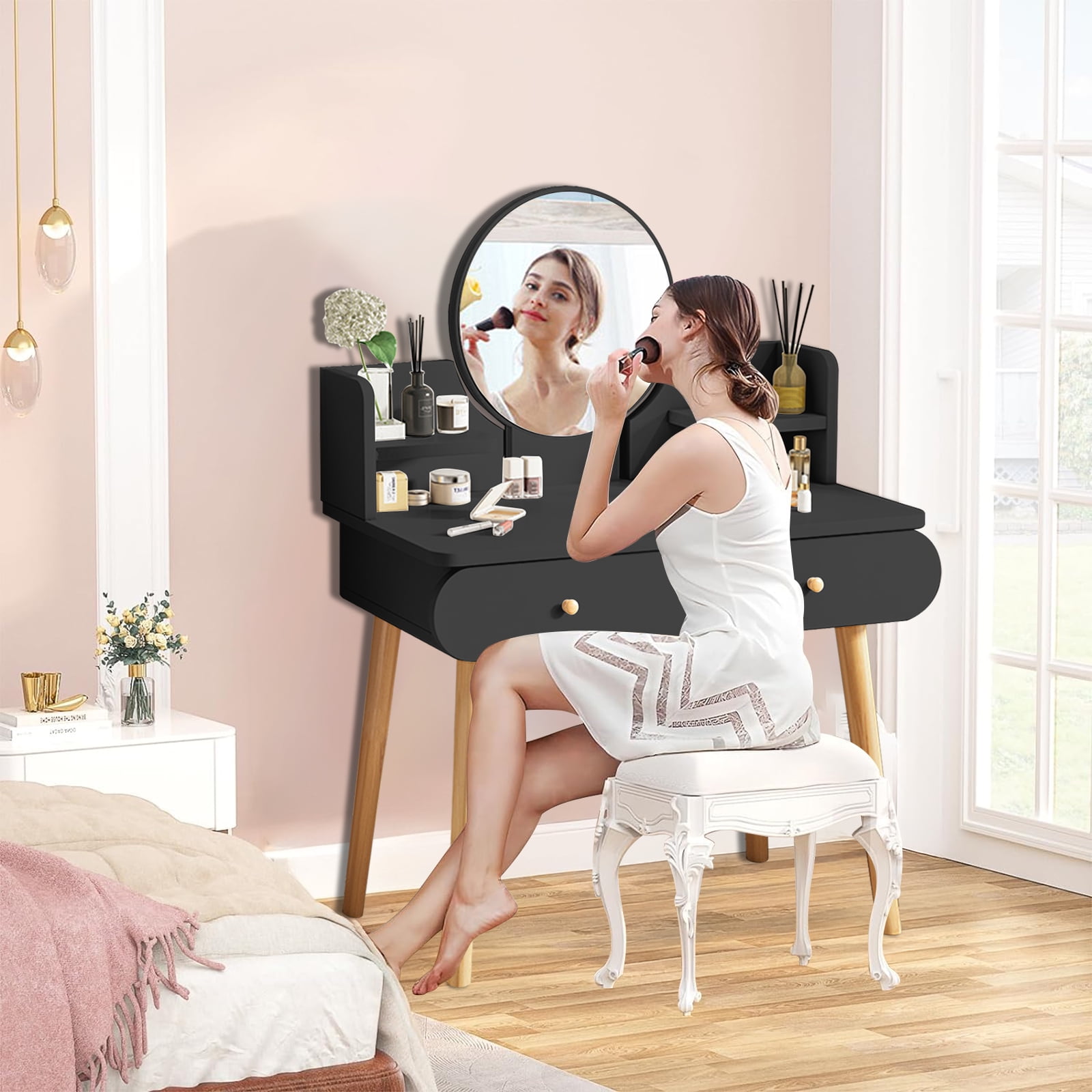 RICHYOUNG Makeup Vanity Table Set with Mirror,Dressing Desk with 2-Drawer for Bedroom(Black,No Stool)