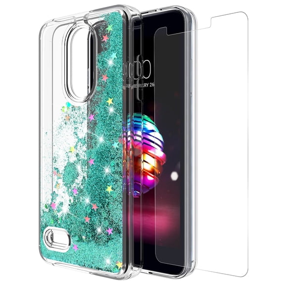 LG K30 Case, LG K10 2018 Case With Tempered Glass Screen Protector, KAESAR Slim Sleek Quicksand Glitter Sparkly Bling Cute Liquid Soft Bumper Protective Cover for LG K30 (Teal)