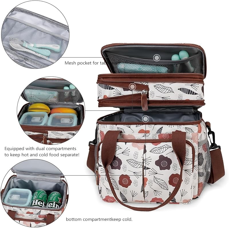 Lunch Bag Insulated Expandable Lunch Box for Women - Reusable Adults Floral Lunch Tote Bag Lunch Box for Office Work Picnic (Yellow Flower)