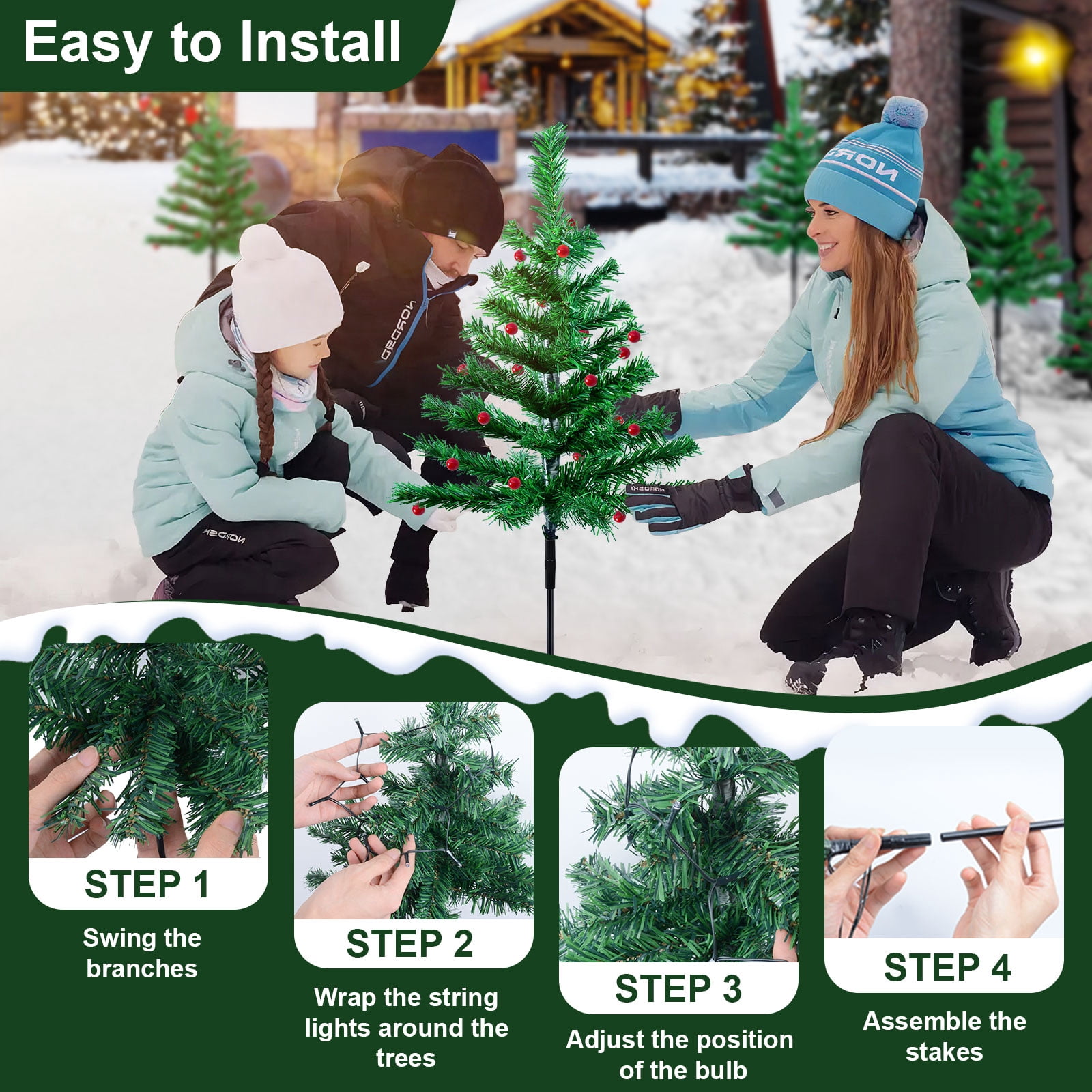 Qoosea Solar Christmas Tree Garden Stake Lights, 4 pack Waterproof Christmas Decorations Tree Lights Outdoor Xmas Tree Light Christmas Décor Pathway Lights Patio Yard